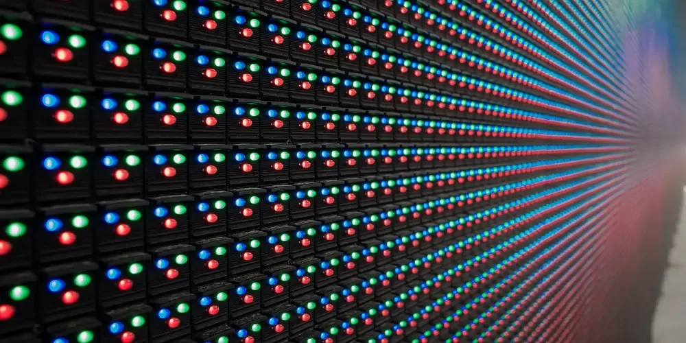 Close-up of a direct-view LED display showing red, green and blue LED pixels