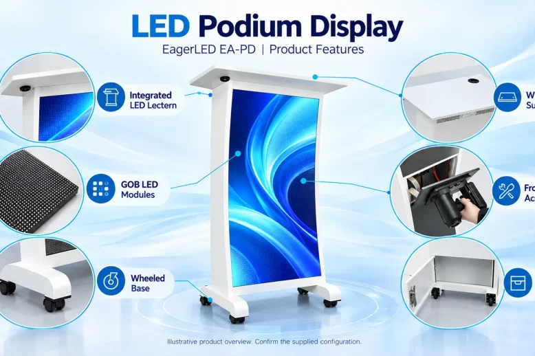 eagerled-ea-pd-led-letern-features Ilustrativo EagerLED O EA-PD inclui módulos GOB, serviço frontal, armazenamento e rodas.