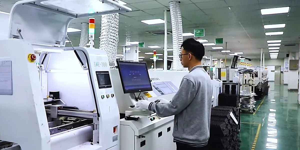 eagerled-smt-reflow-line-shenzhen-factory Operator running the SMT line that mounts components on LED module PCBs at the EagerLED factory