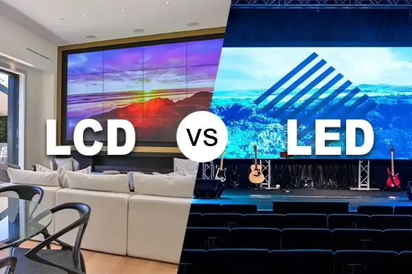 LCD screen in a home living room compared with a large direct-view LED wall on a stage