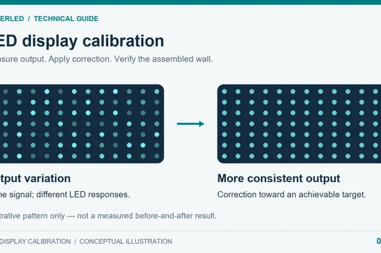 LED display calibration concept showing uneven light output corrected toward a more uniform target