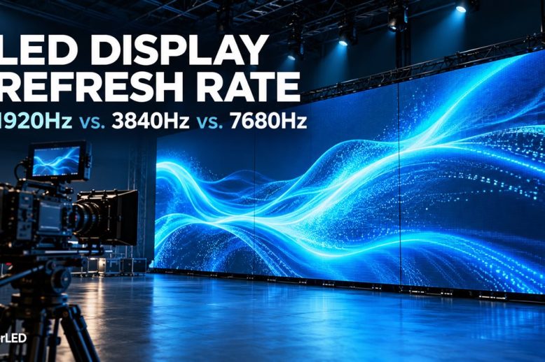 Taux de rafraîchissement de l'écran LED : 1920 3840 Hz contre 7680 XNUMX Hz contre XNUMX XNUMX Hz Comparaison illustrative des taux de rafraîchissement d'un écran LED avec un mur d'images de studio et une caméra de cinéma : 1920 Hz, 3840 Hz et 7680 Hz