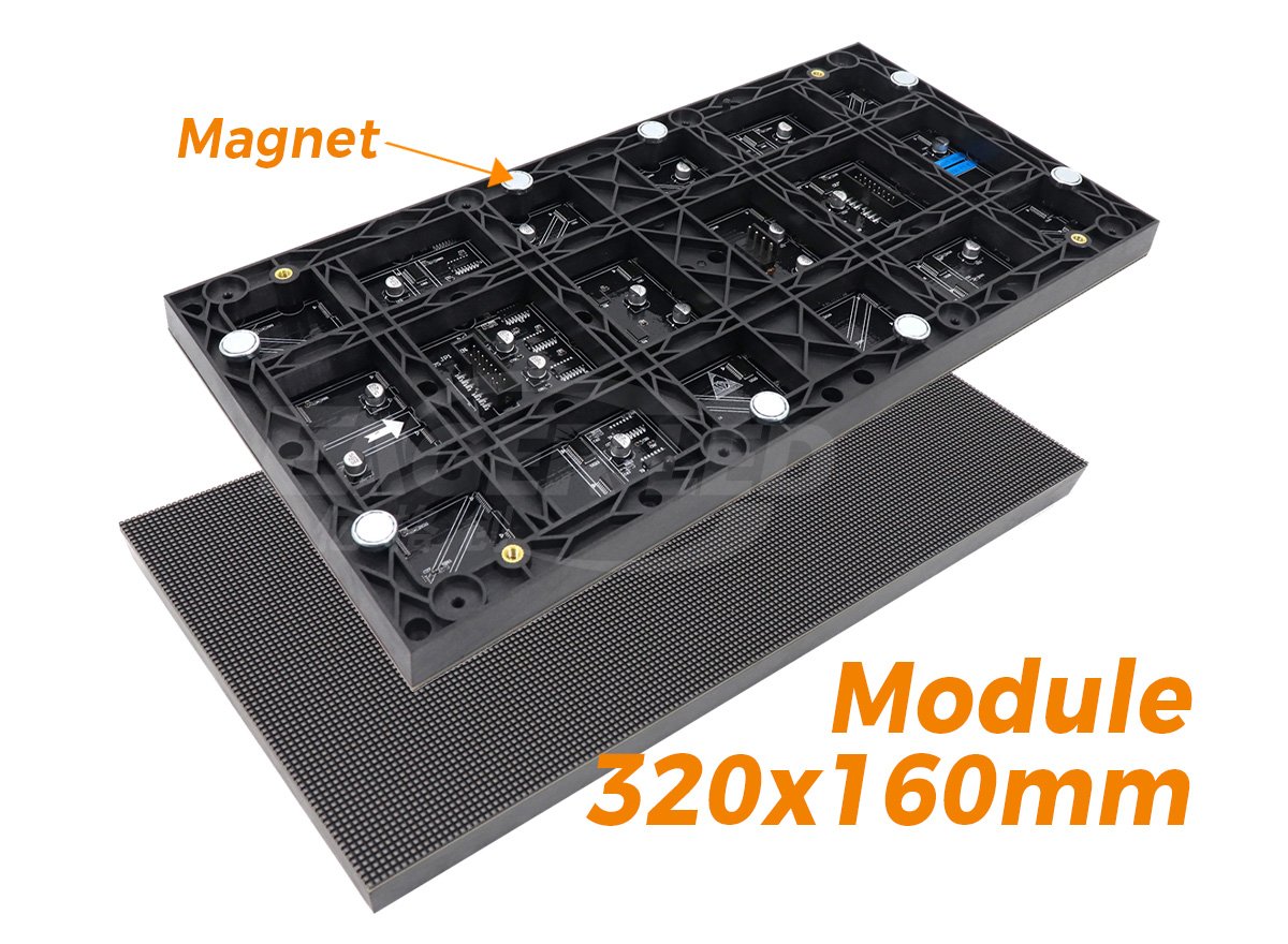 Hình ảnh mặt trước và mặt sau của mô-đun LED từ tính EA640F2 kích thước 320 x 160 mm.