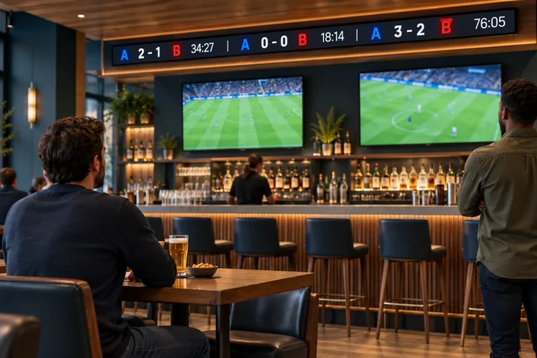 salle de spectacles sportifs à LED Affichage LED illustratif d'événements sportifs au-dessus d'un bar avec des spectateurs assis et debout