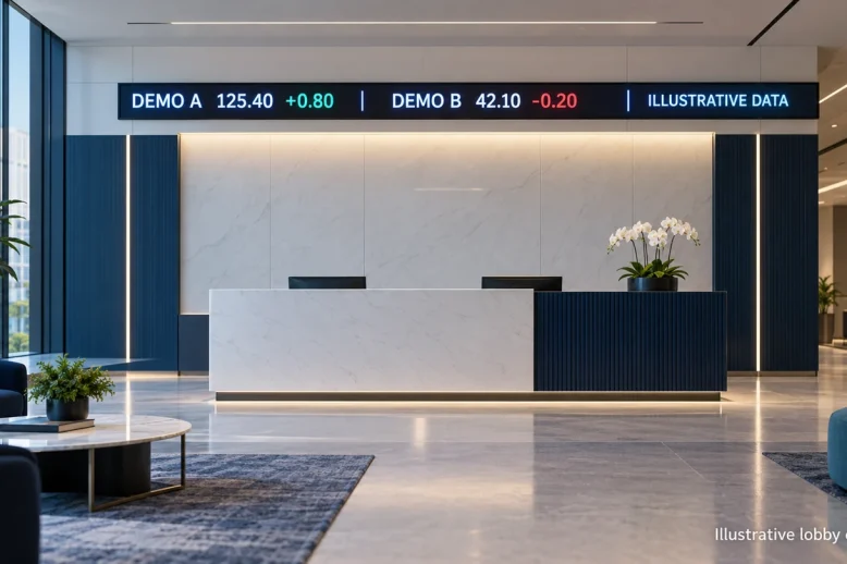 lobby de ações-líder Painel de LED ilustrativo com cotações de ações em um saguão financeiro, exibindo dados fictícios.