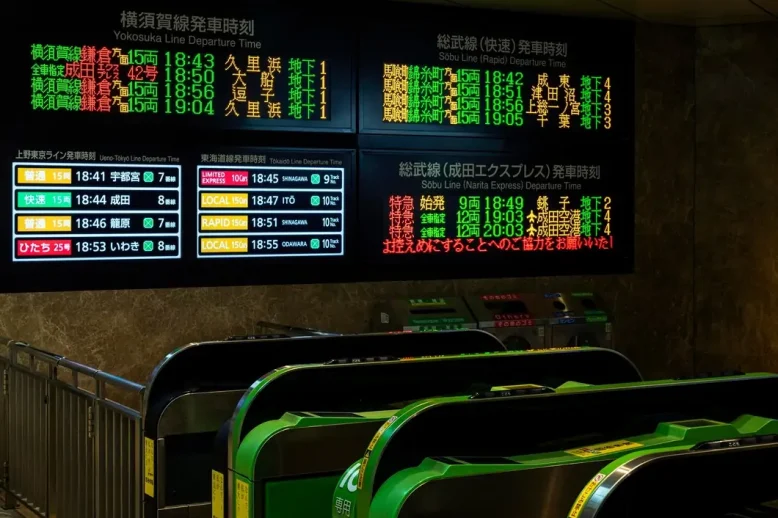 Panneaux d'affichage LED des départs dans les gares Panneaux d'affichage LED des départs au-dessus des portiques d'une gare japonaise
