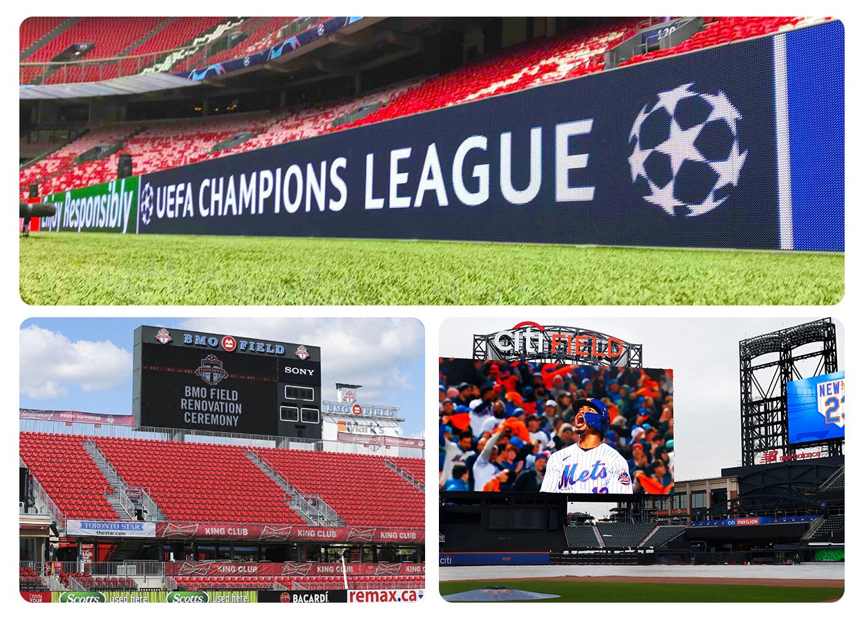Opsi pemasangan LED perimeter stadion Produsen Layar LED di Cina EagerLED Contoh layar iklan di sekeliling lapangan dan papan video besar di stadion.