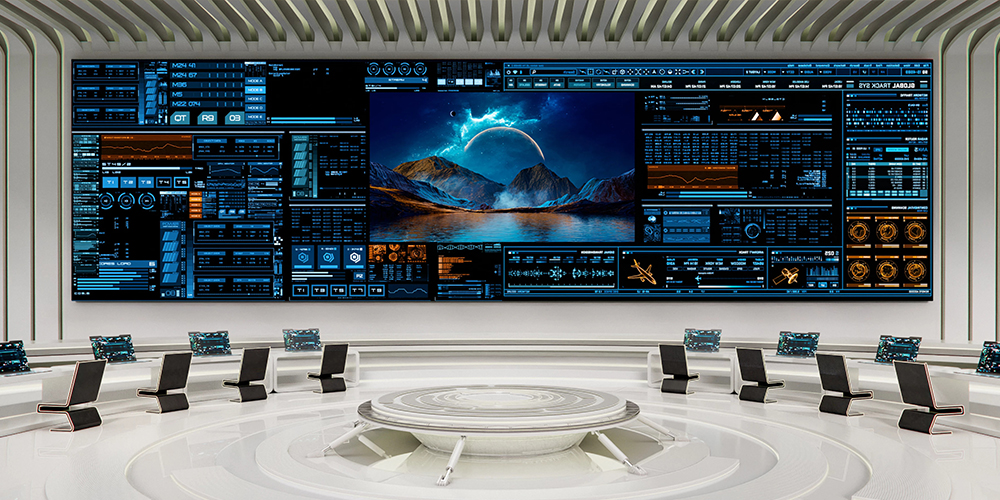 Videowall LED de gran formato y alta resolución que muestra paneles de control en una sala de control de operaciones.